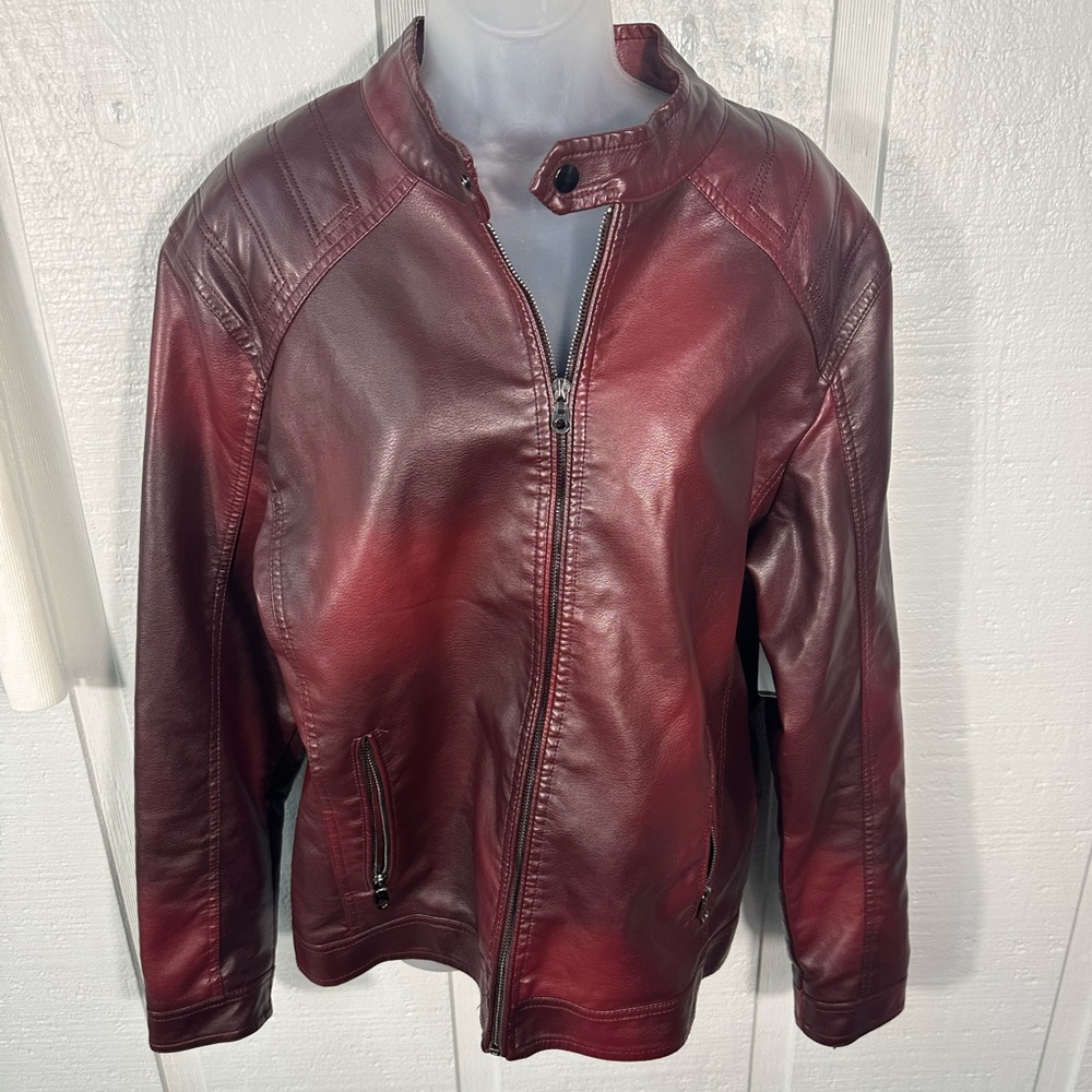Burgundy Faux Leather Bomber Jacket No Size See Measurements EUC - Picture 5 of 11